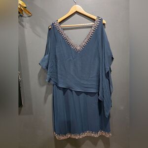 Jkara Navy Blue Bead Rhinestone Trim Embellished Overlay Sheath Dress Sz 18